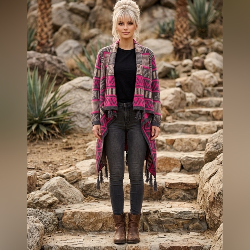 Open front long Aztec print duster cardigan with tassels women’s medium​